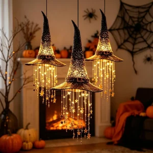 Chapeau de sorcière lumineux suspendu — Cascade d’étoiles Halloween
